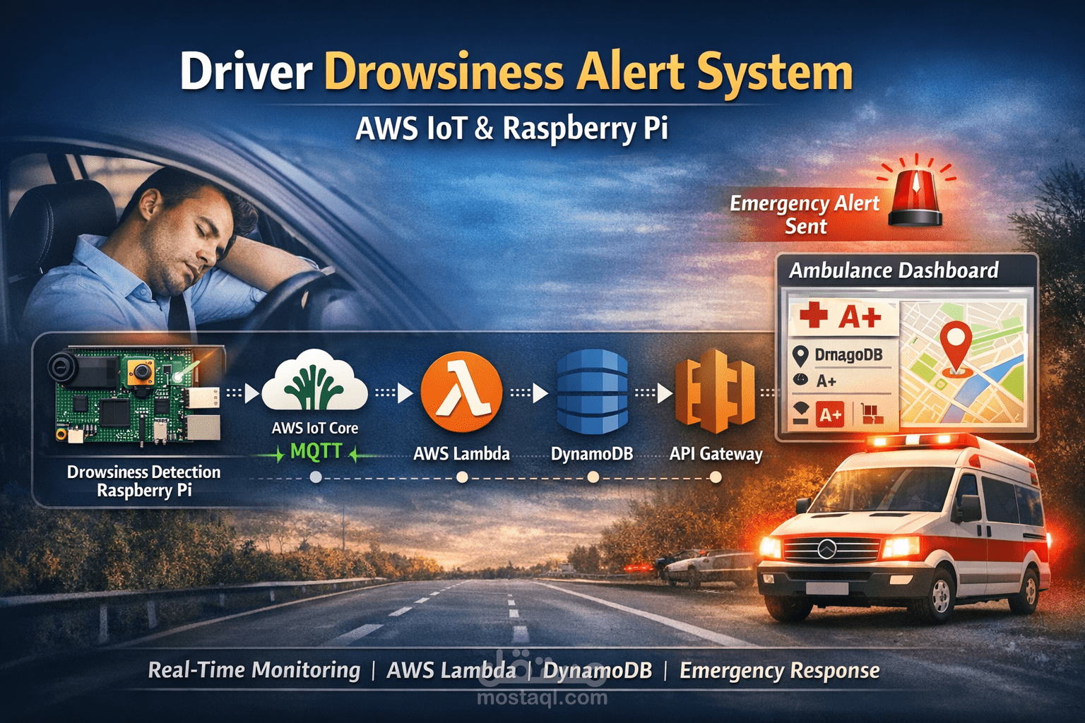 نظام ذكي لاكتشاف نعاس السائق وتنبيه الطوارئ باستخدام AWS IoT و Raspberry Pi