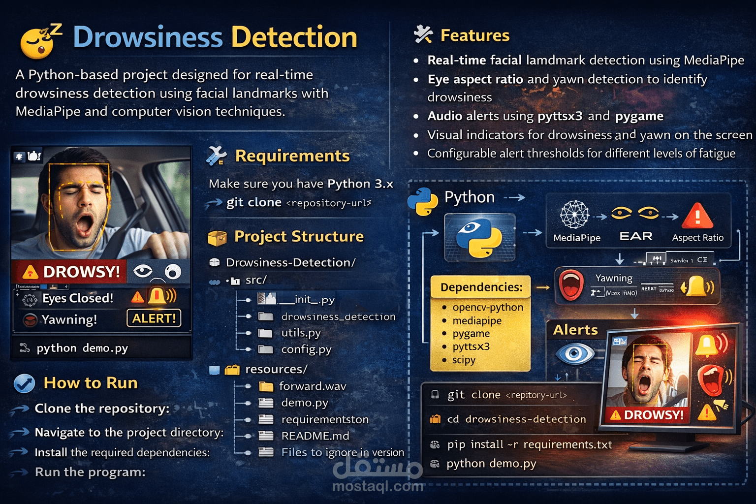 نظام كشف النعاس في الوقت الحقيقي باستخدام الرؤية الحاسوبية وMediaPipe