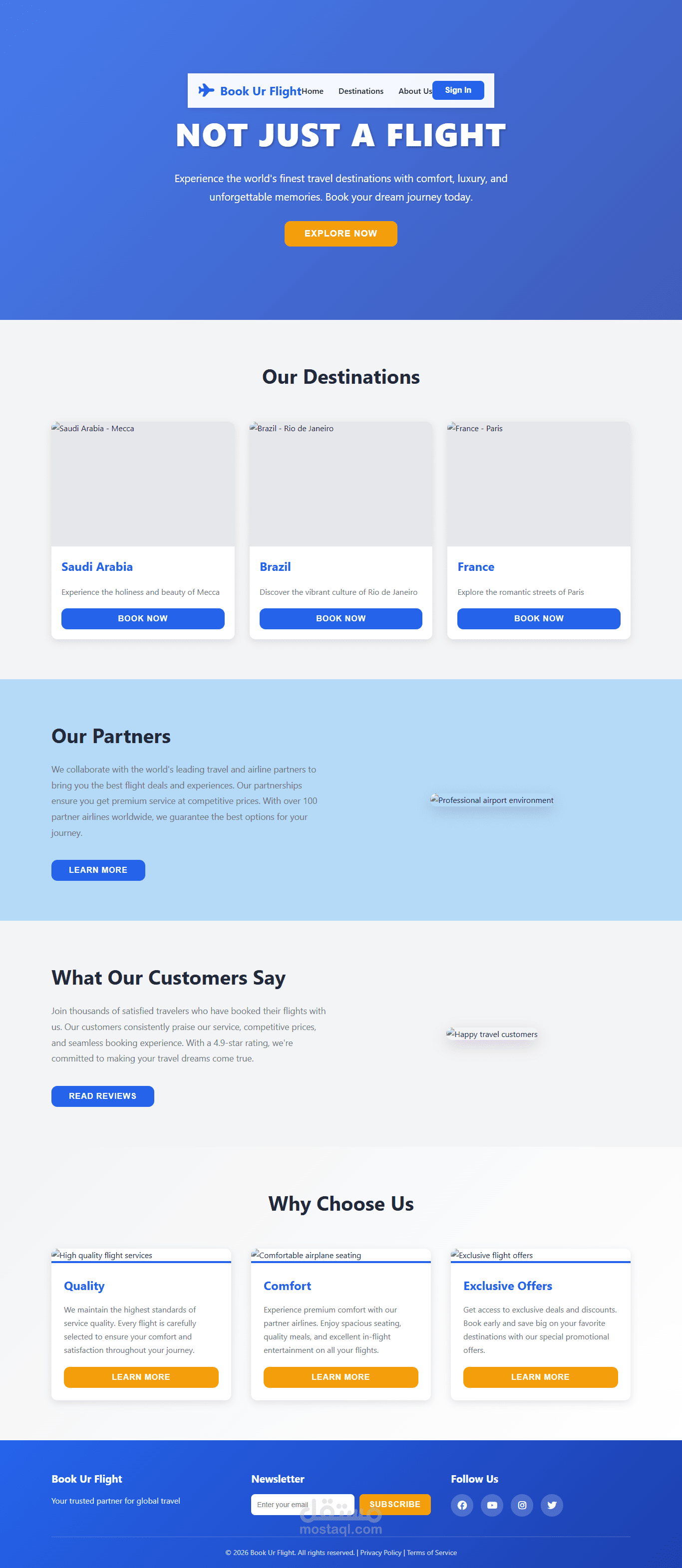 تصميم وتطوير موقع حجز طيران باستخدام HTML, CSS, JavaScript