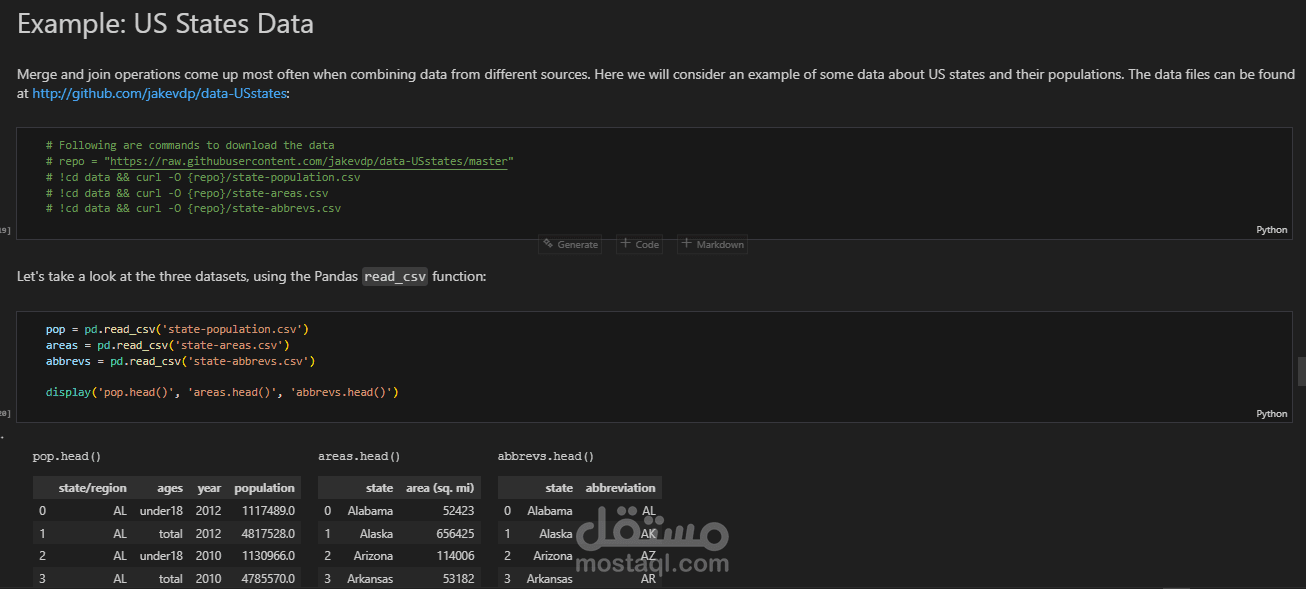 دمج وربط مجموعات البيانات باستخدام Pandas- دمج بيانات الولايات الأمريكية باستخدام Pandas