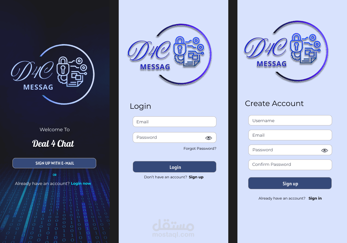 "تصميم واجهات مستخدم (UI/UX) احترافي لتطبيق رسائل آمنة"