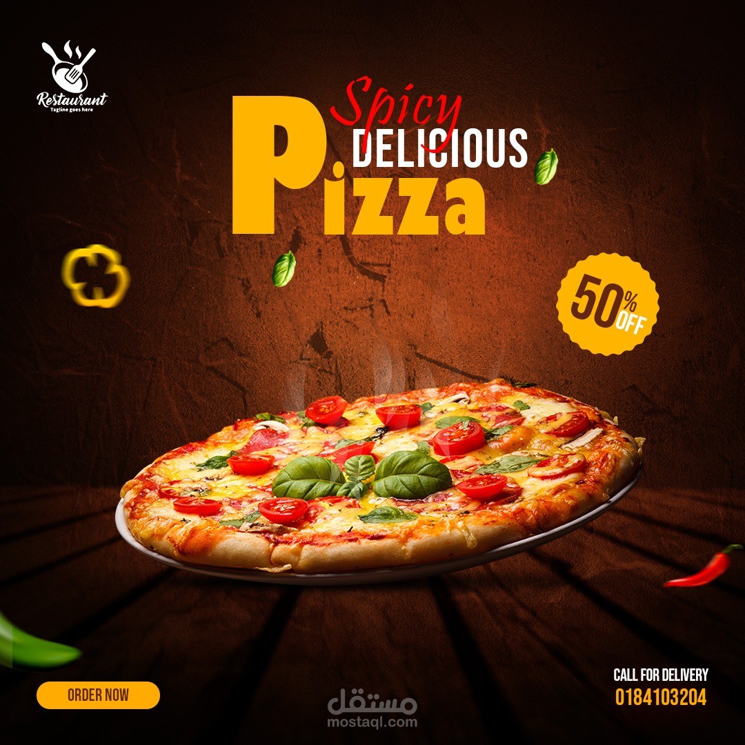 تصميم إعلان سوشيال ميديا إبداعي لمطعم بيتزا (Spicy Pizza)
