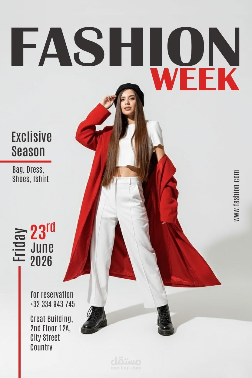 تصميم بوستر إعلاني عصري لحدث عالمي (Fashion Week) بنمط المجلات الراقية
