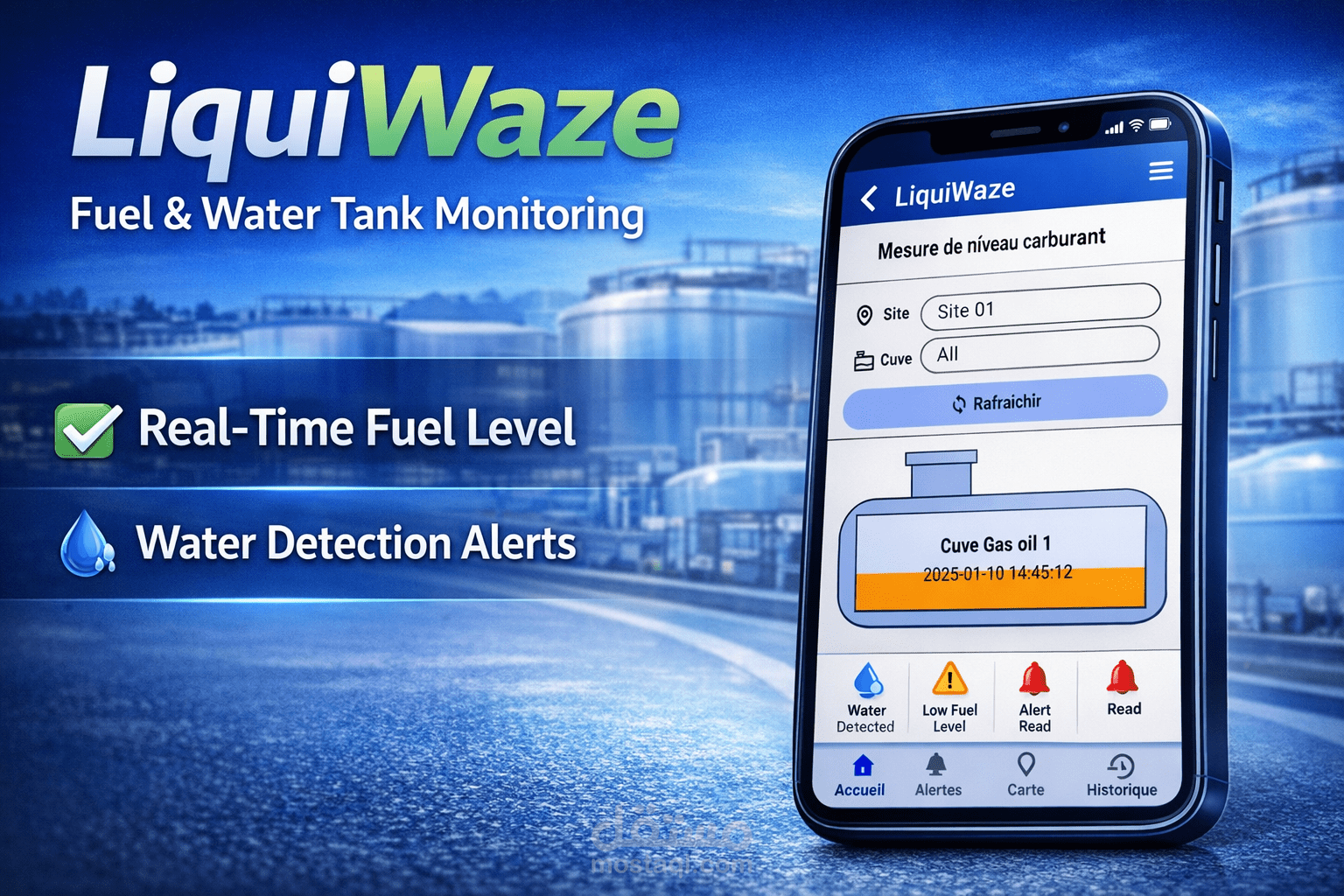 طوير تطبيق مراقبة مستوى الوقود والمياه - LiquiWaze (Flutter / Android & iOS)