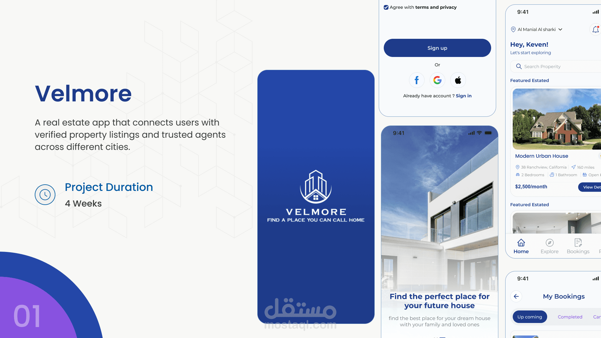 Velmore | تصميم تجربة وواجهة تطبيق عقارات