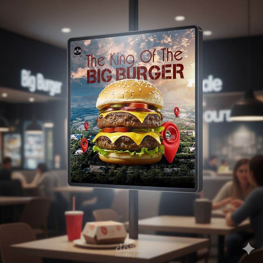 تصميم إعلان سوشيال ميديا إبداعي لمطعم "Big Burger" - مفهوم الملكية والجودة