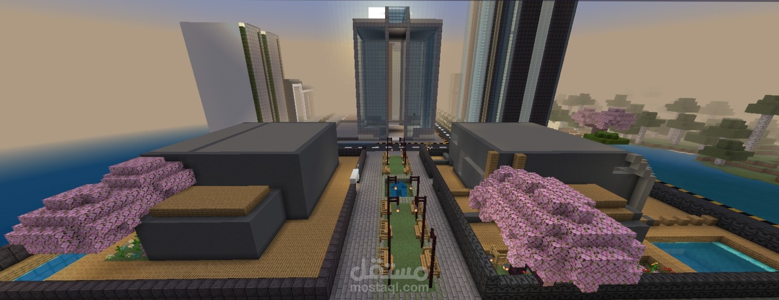 تصميم الممشى المركزي والحي العصري (Central Walkway & Modern District)