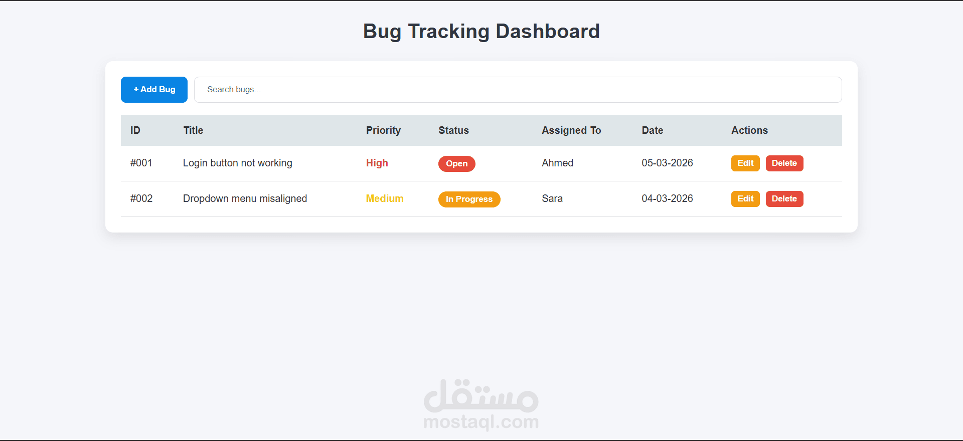 Bug Tracking Dashboard + Add Bug