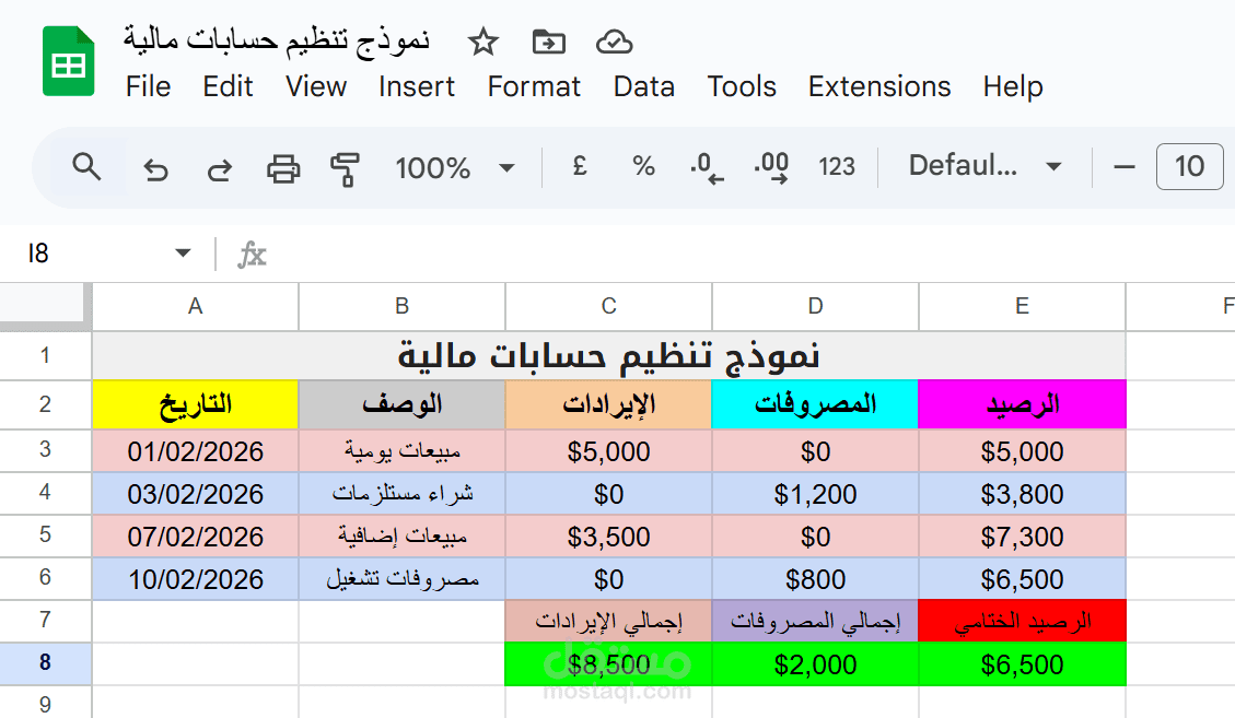 نموذج تنظيم حسابات مالية باستخدام Excel