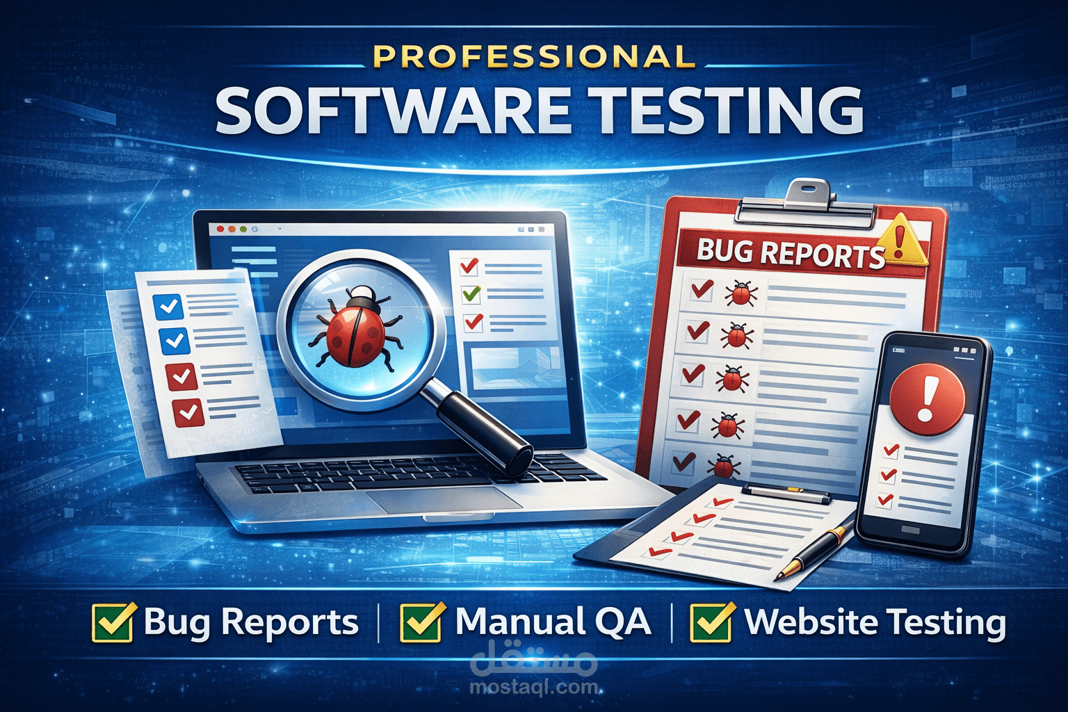 اختبار يدوي شامل لمواقع وتطبيقات واكتشاف الأخطاء مع تقرير احترافي
