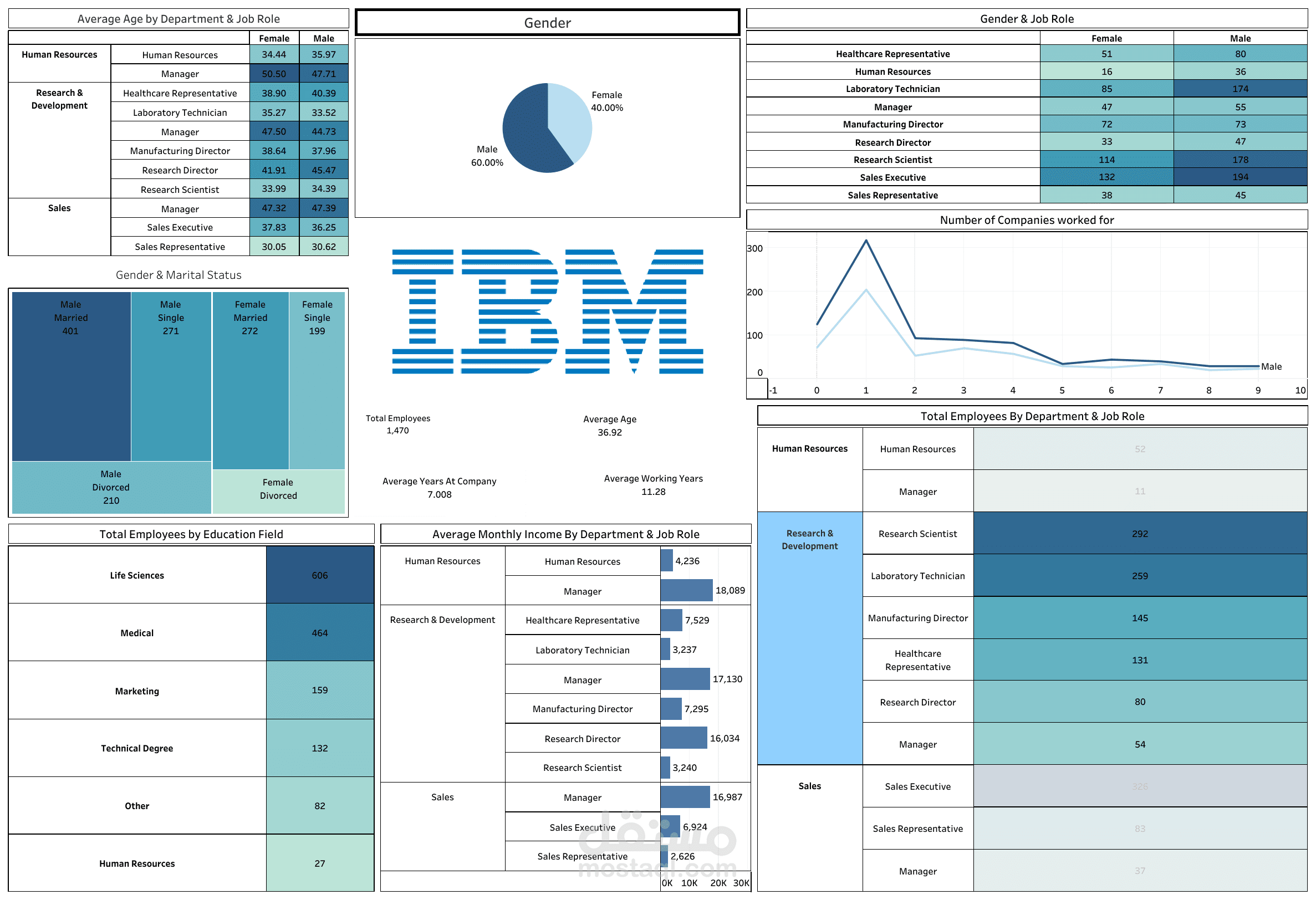لوحة تحليل القوى العاملة والديموغرافيا لموظفي IBM: رؤى تحليلية شاملة.
