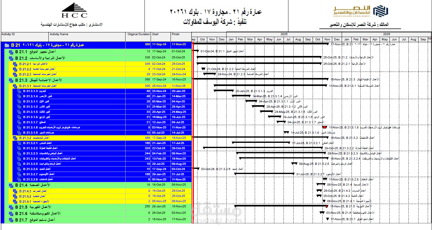 جدول زمني - تنفيذ عمارة سكنية مكونة من 5 أدوار