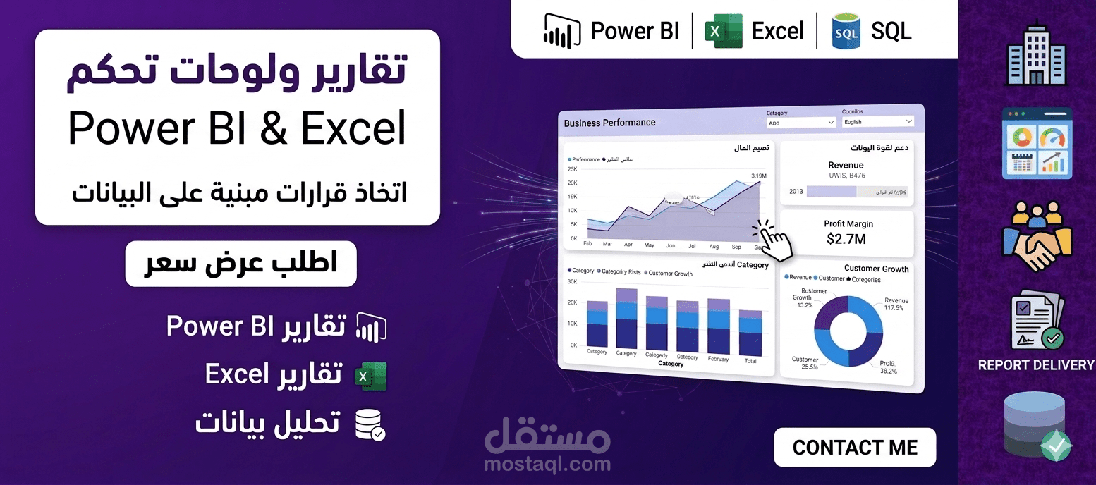 تصميم تقارير تنفيذية ولوحات مؤشرات power bi & Excel  لدعم اتخاذ القرار و إعداد دراسة وتحليل Business Performance Report
