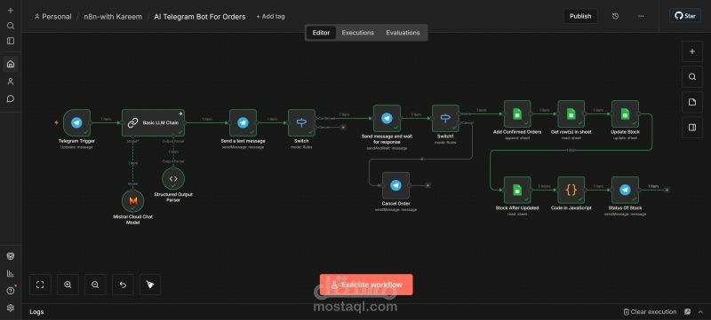 تطوير AI Telegram Bot لإدارة طلبات مطعم مع تحديث تلقائي للمخزون باستخدام n8n