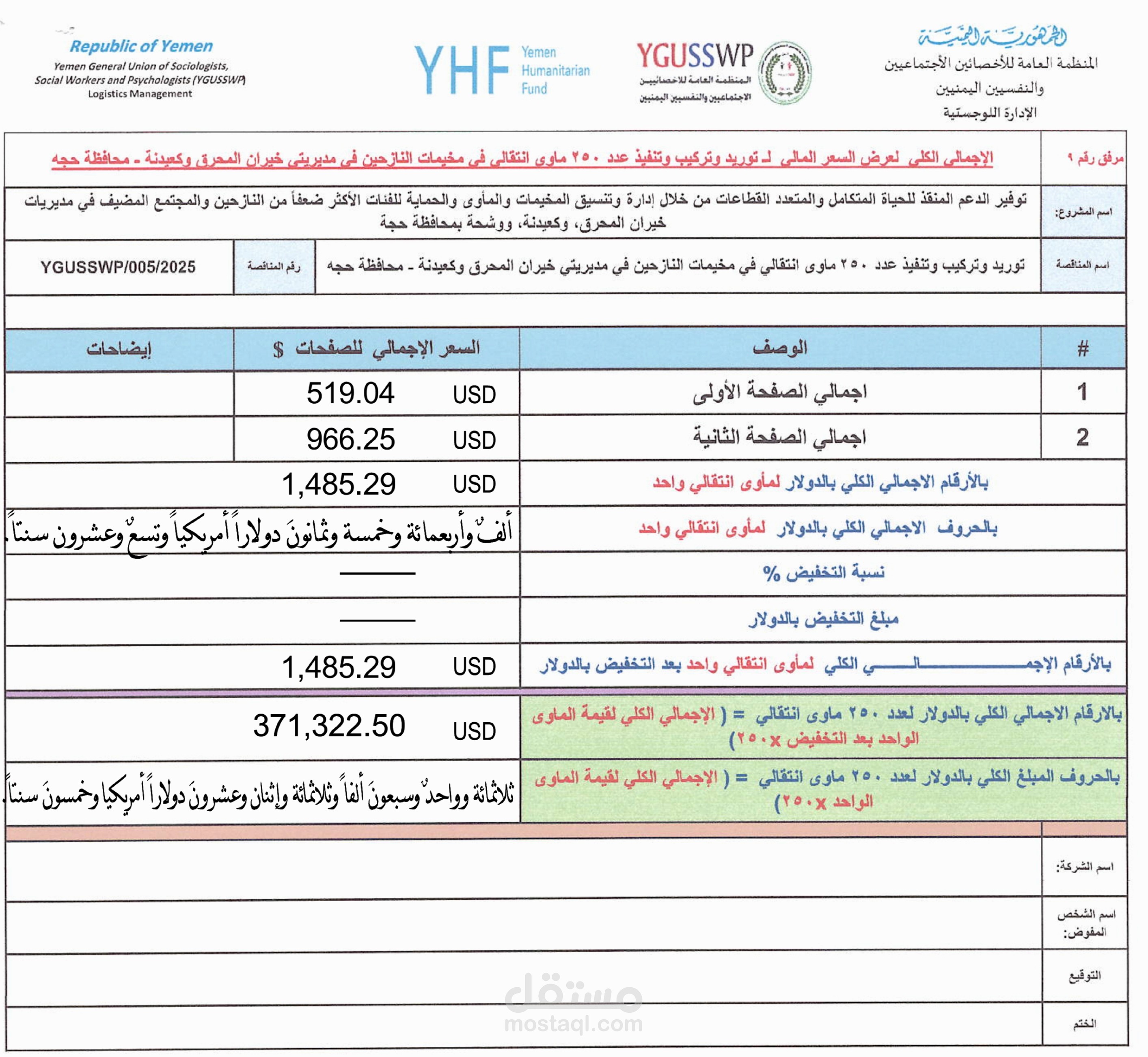 إعداد الميزانية التقديرية وجدول زمني لمشروع إنشائي دولي (250 مأوى).