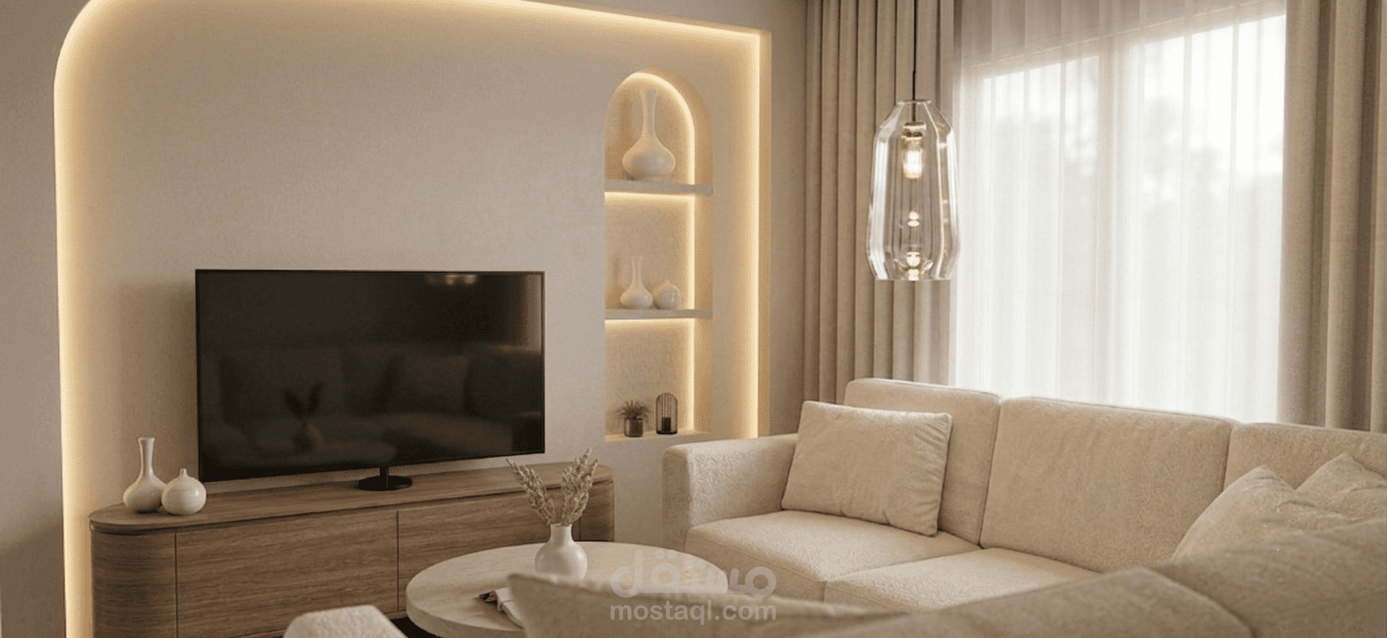 تصميم داخلي لغرفة معيشة وصالة طعام