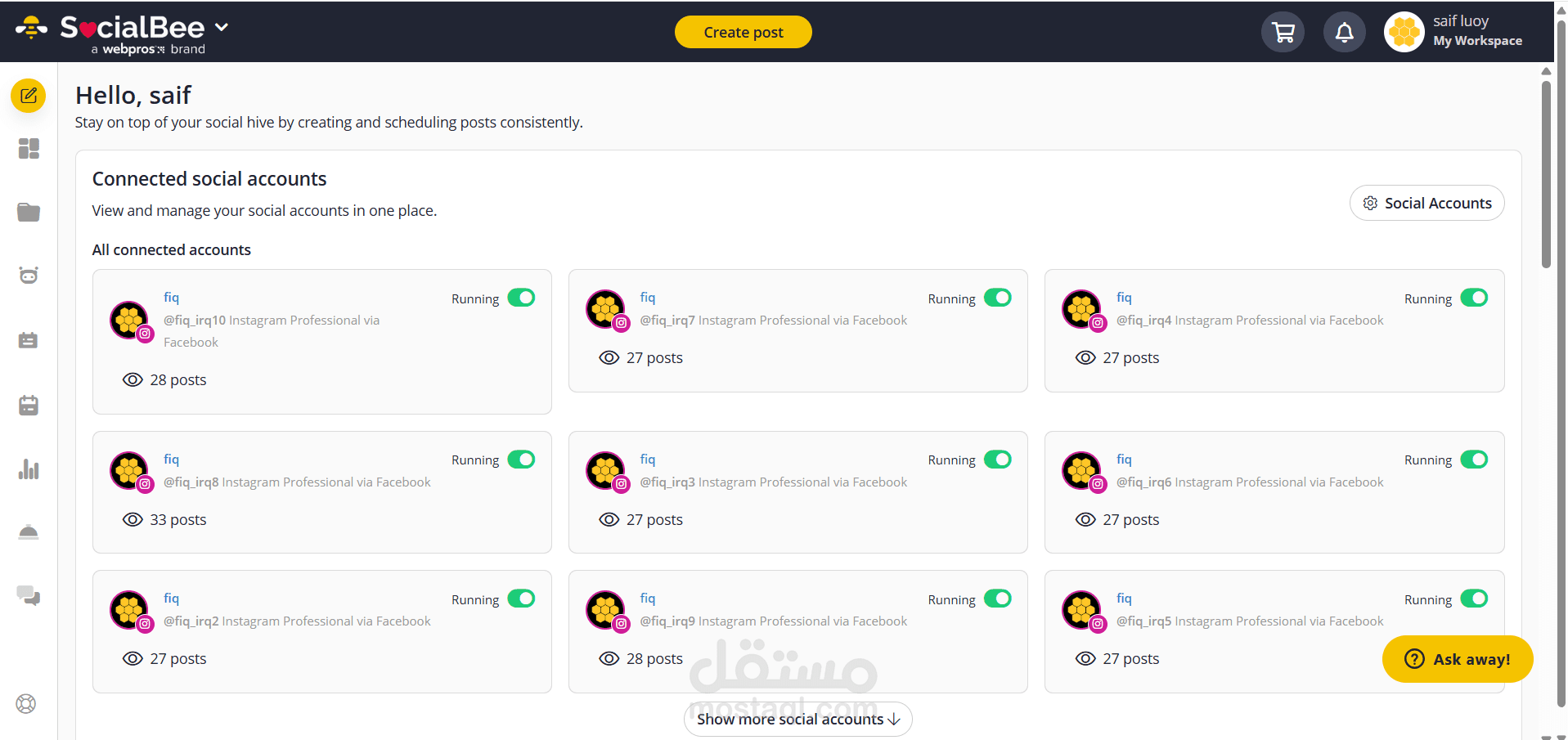 اتمتة نشر ل 10 حسابات انستجرام