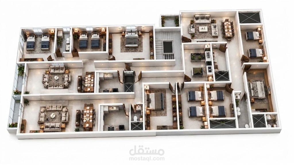 تصميم مخطط شقة سكنية فاخرة ثلاثية الأبعاد (3D Floor Plan)