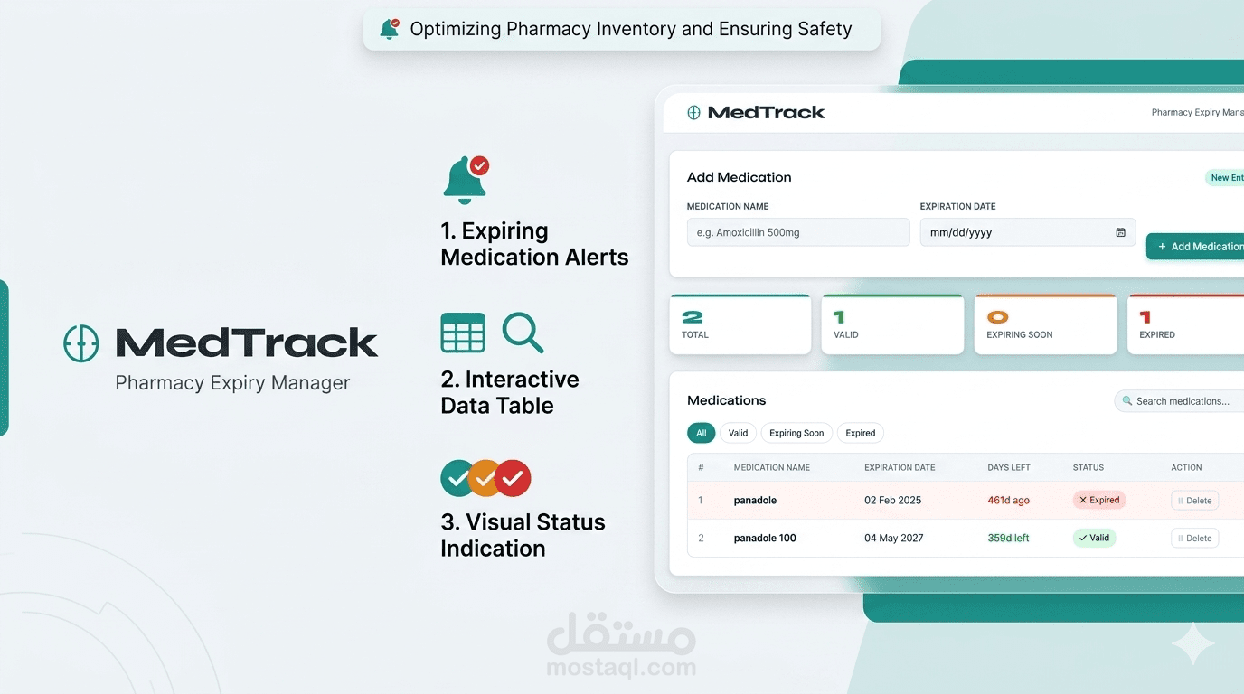 نظام MedTrack الذكي لإدارة المخزون الطبي وصلاحية الأدوية.
