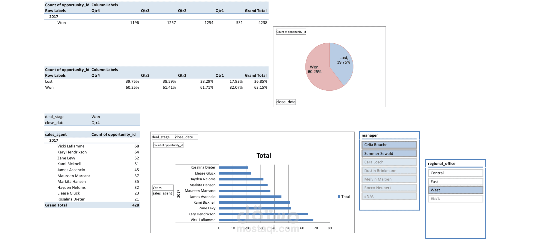 تحليل أداء فريق المبيعات وتتبع الفرص باستخدام Excel.
