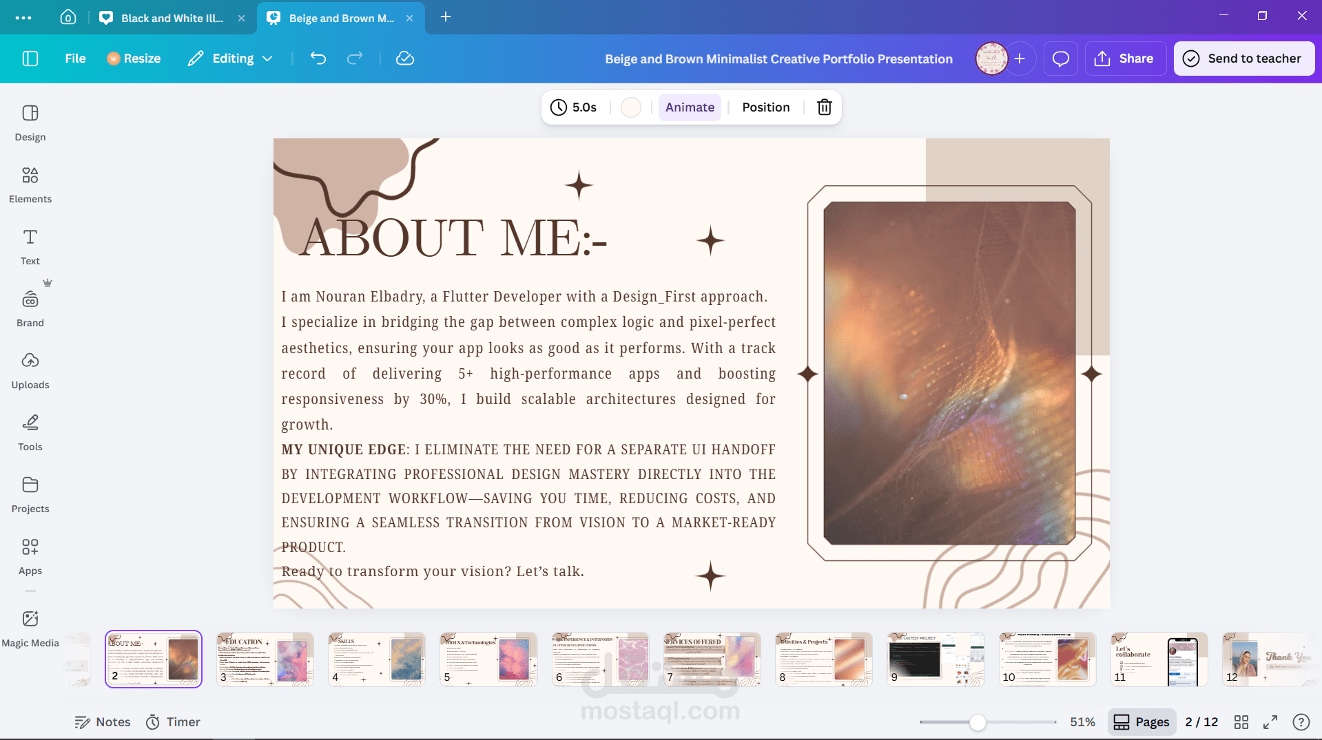 تصميم بورتفوليو احترافي لمطورة Flutter باستخدام Canva