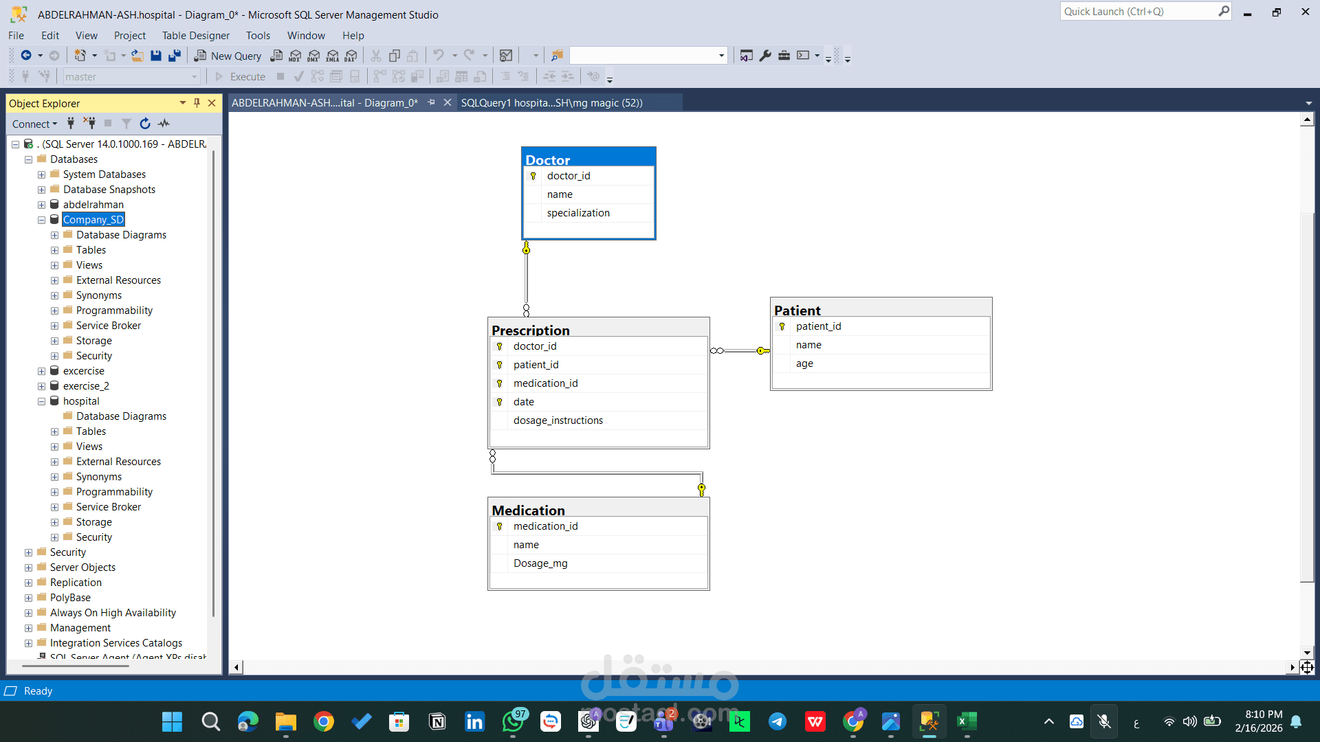Hospital Database Design & Relational Schema Implementation using SQL Server