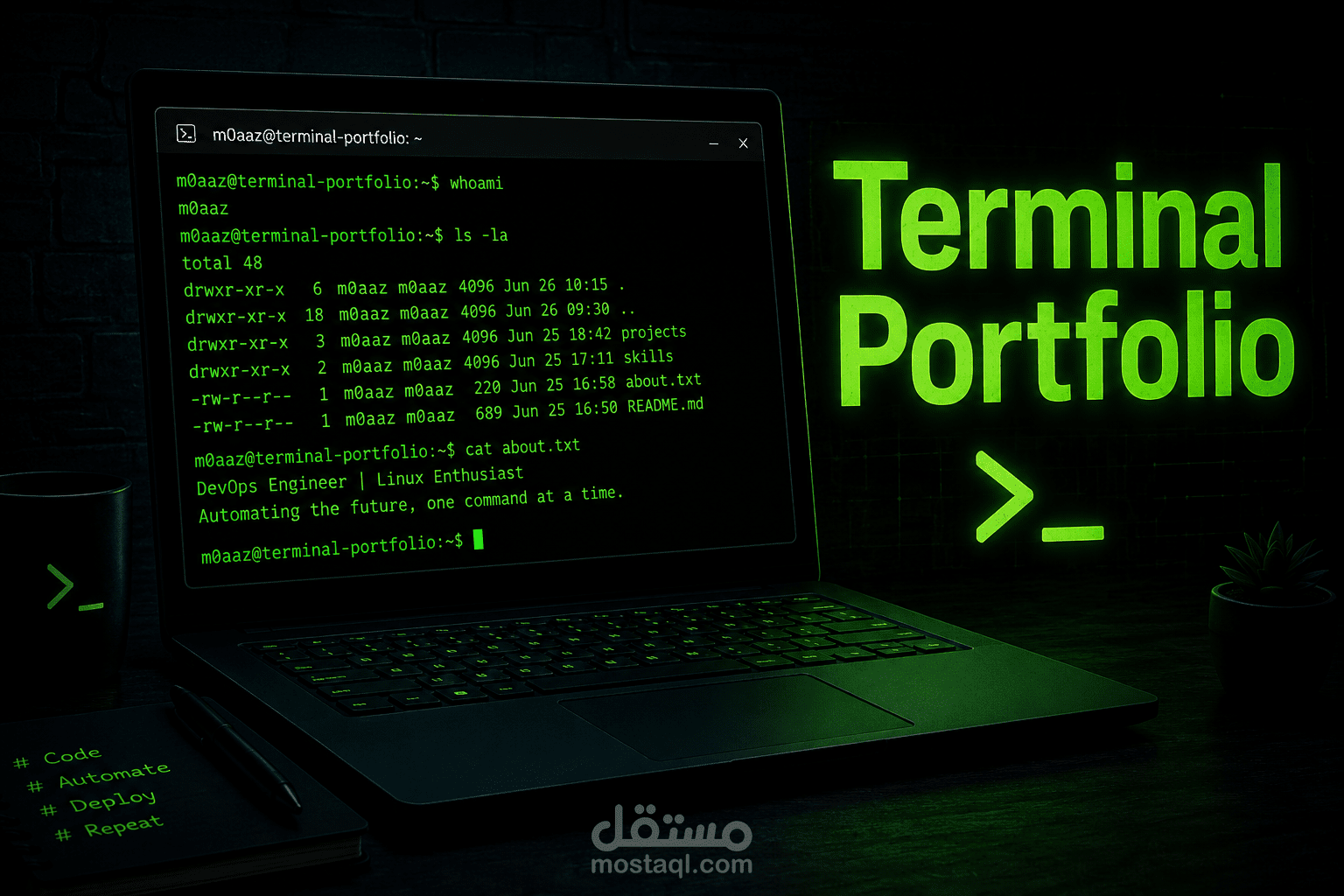 تصميم وتطوير موقع تعريفي (Portfolio) احترافي بتصميم Terminal التفاعلي