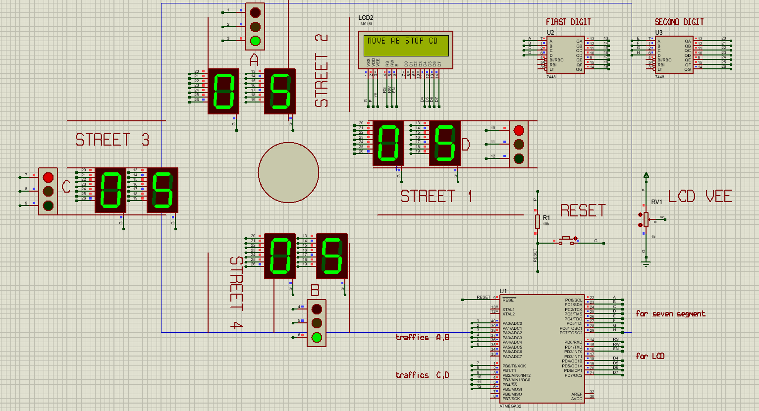 نظام ذكي للتحكم في الإشارات المرورية رباعية الاتجاهات باستخدام ATmega32