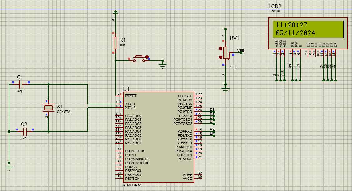 نظام ساعة رقمية متكامل بمعالج ATmega32 وعرض LCD