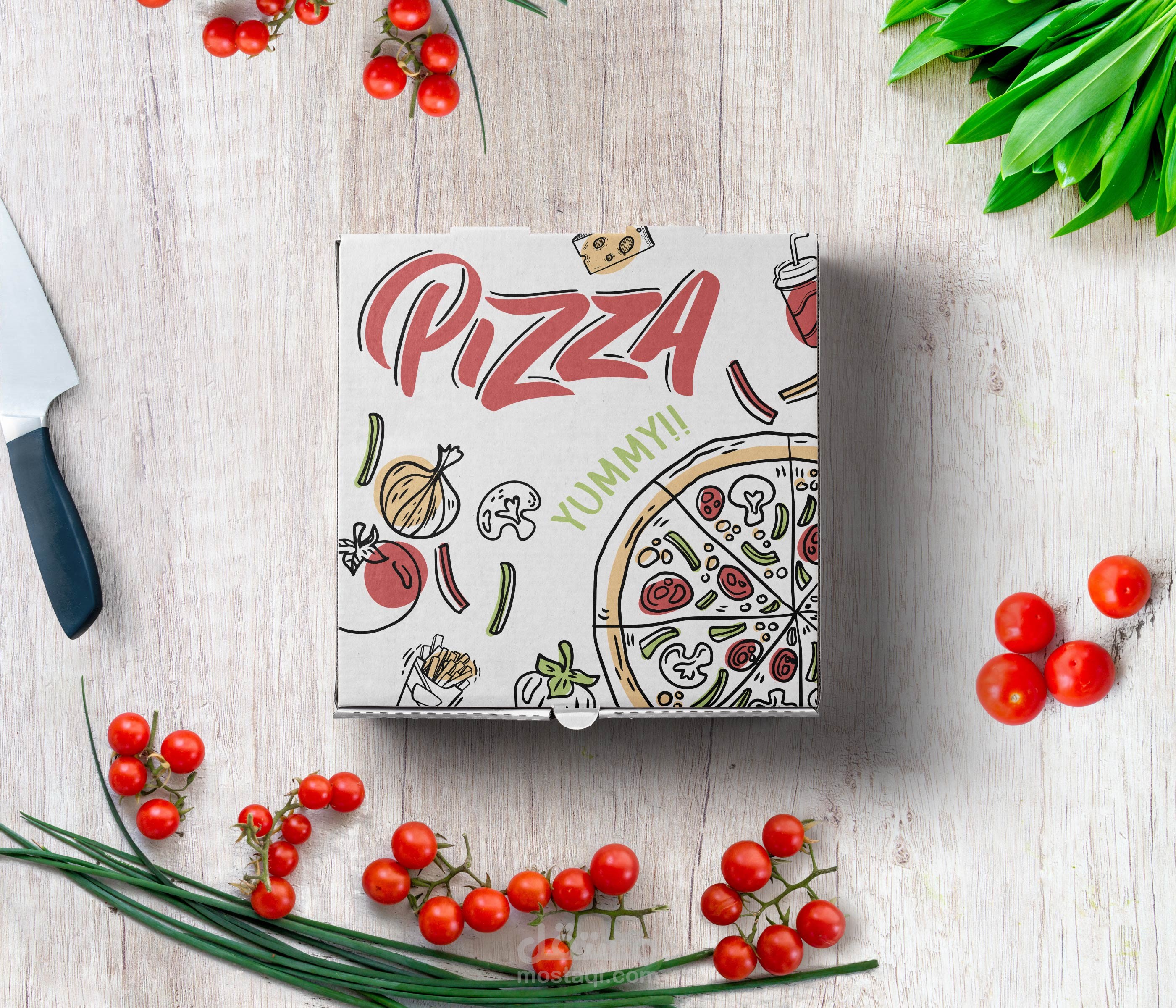 تصميم كرتونة بيتزا جاهزة للطباعة مع إعداد فني كامل