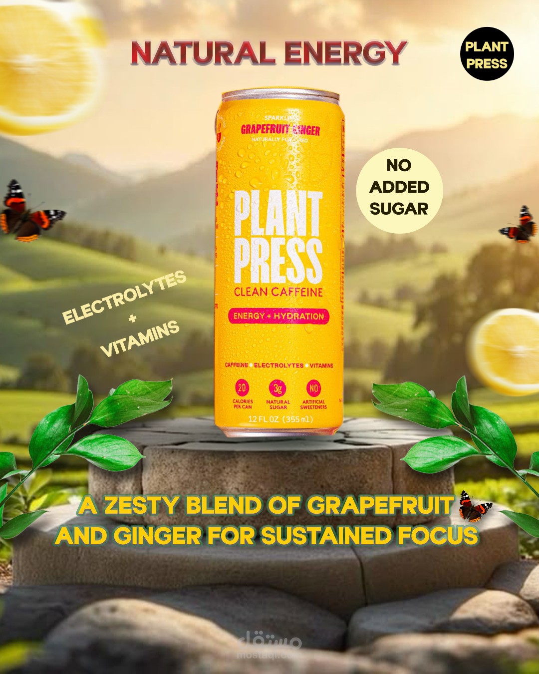 تصميم بوستر إعلاني لمشروب طاقة طبيعي (Plant Press)