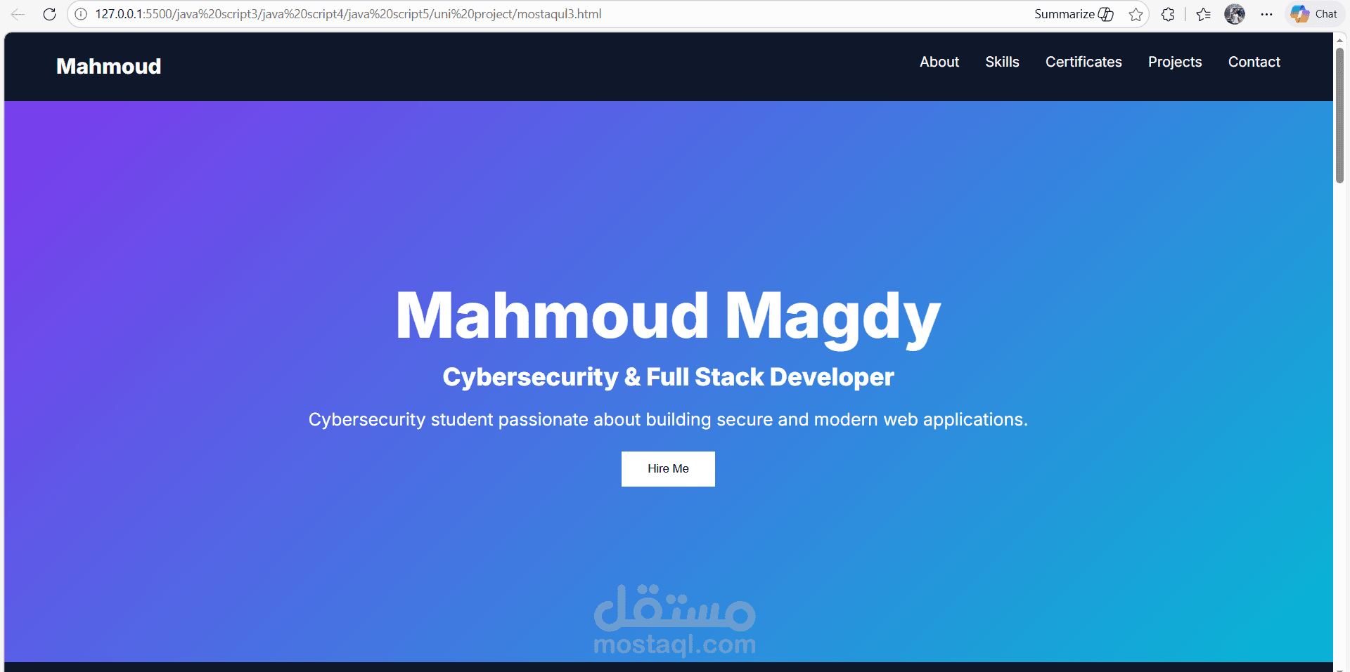 Personal Portfolio Website for a Cybersecurity Student