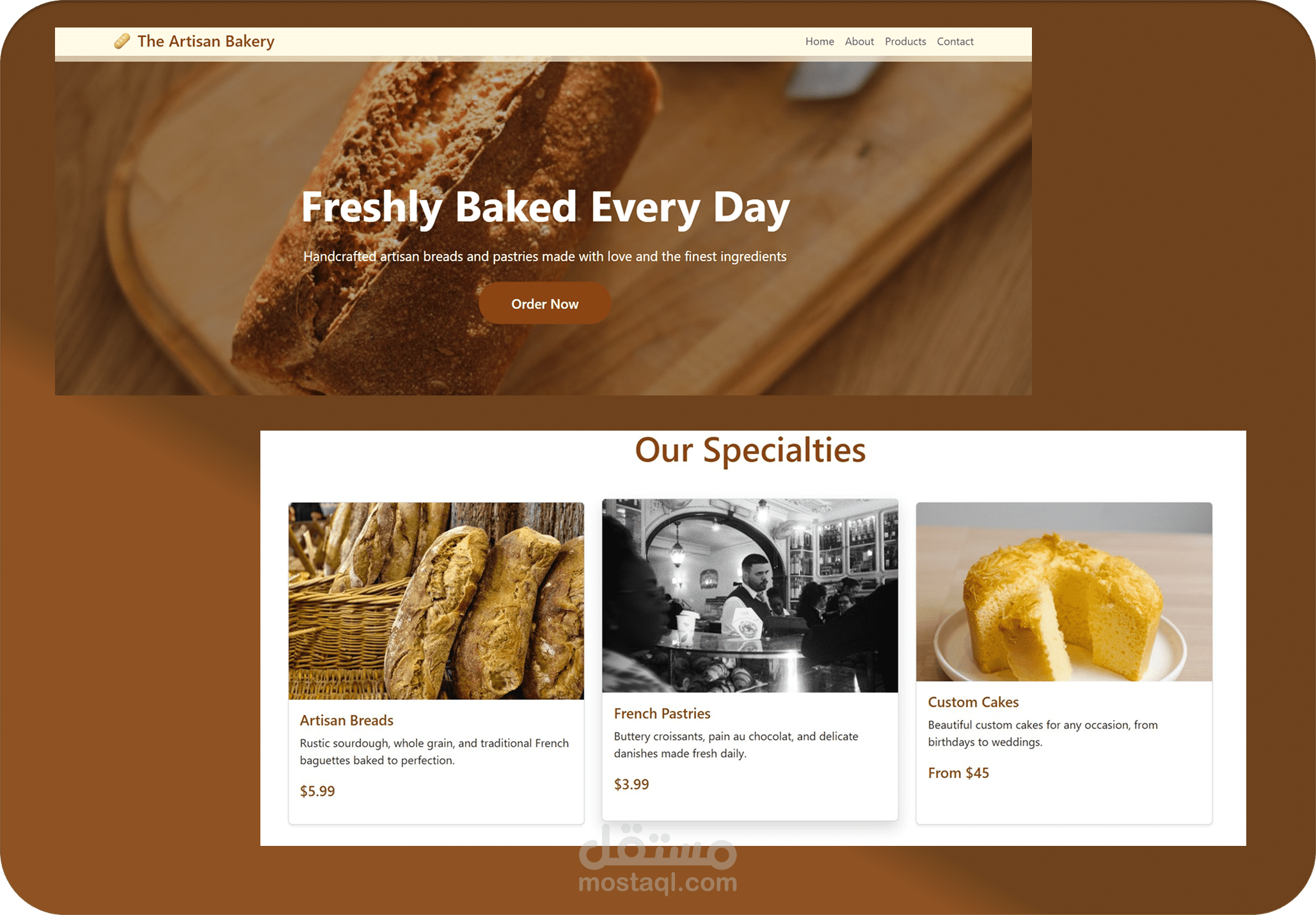 Landing page for Artisan Bakery Store