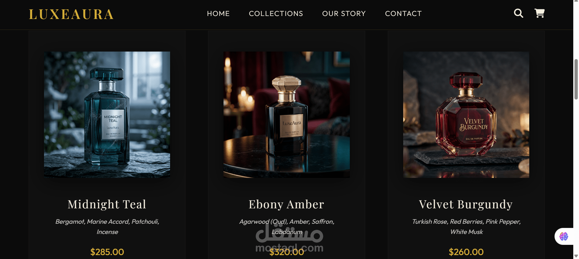 LuxeAura - تصميم وتطوير موقع لعلامة تجارية للعطور الفاخرة