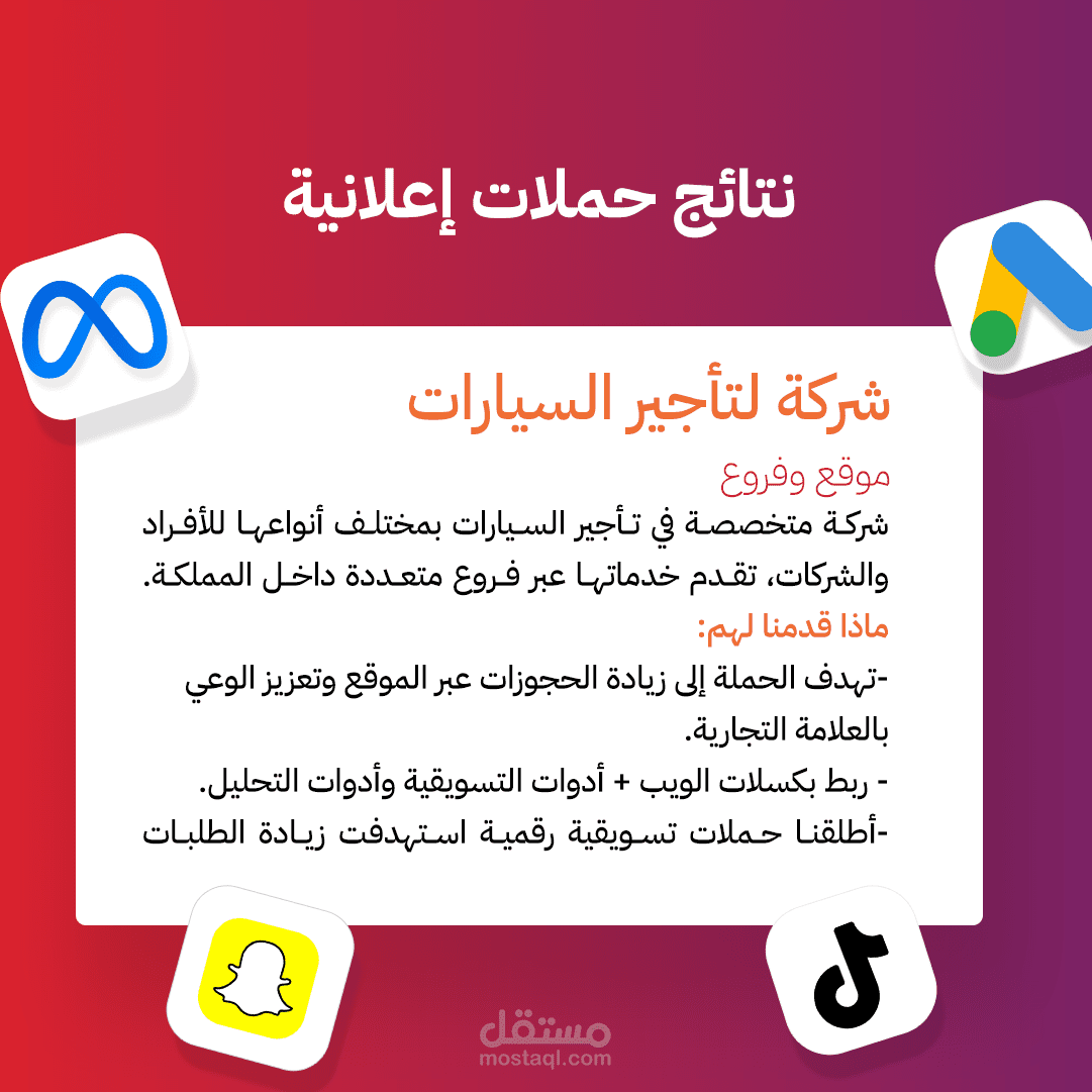 إدارة حملات إعلانية لشركة تأجير سيارات وتحقيق 13280 حجز