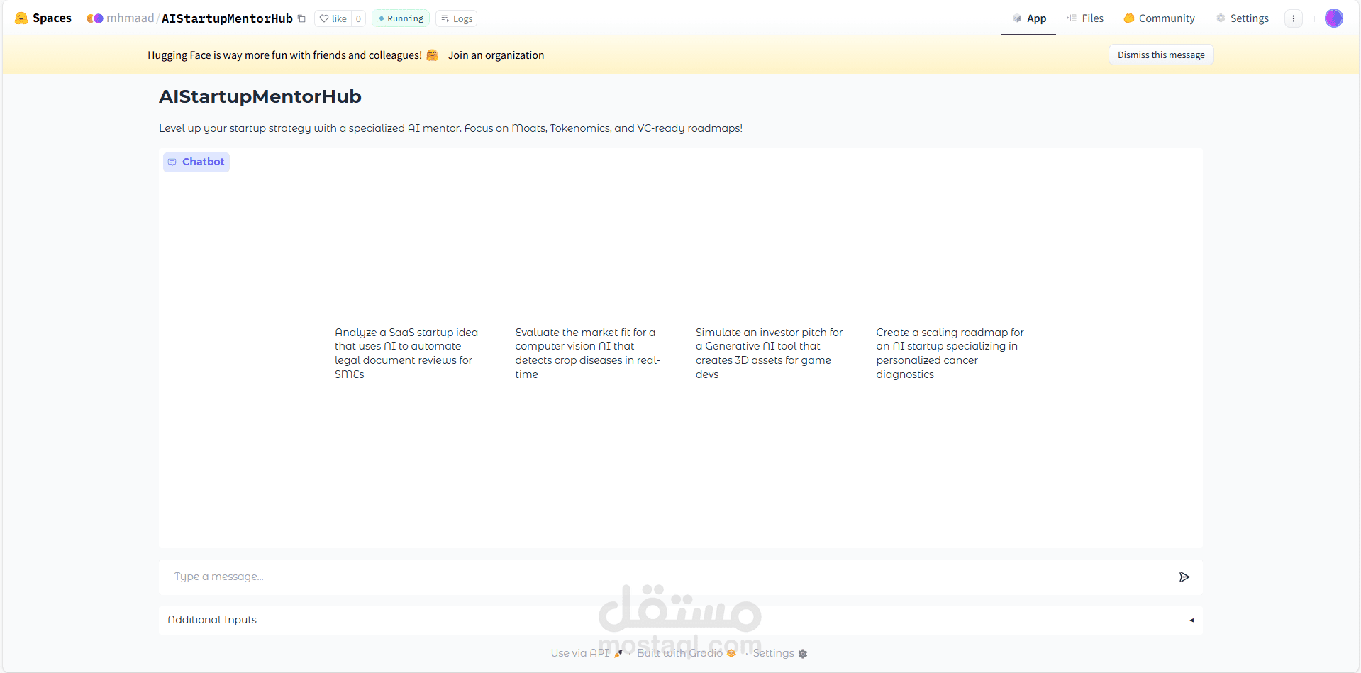 شات بوت مخصص AIStartupMentorHub