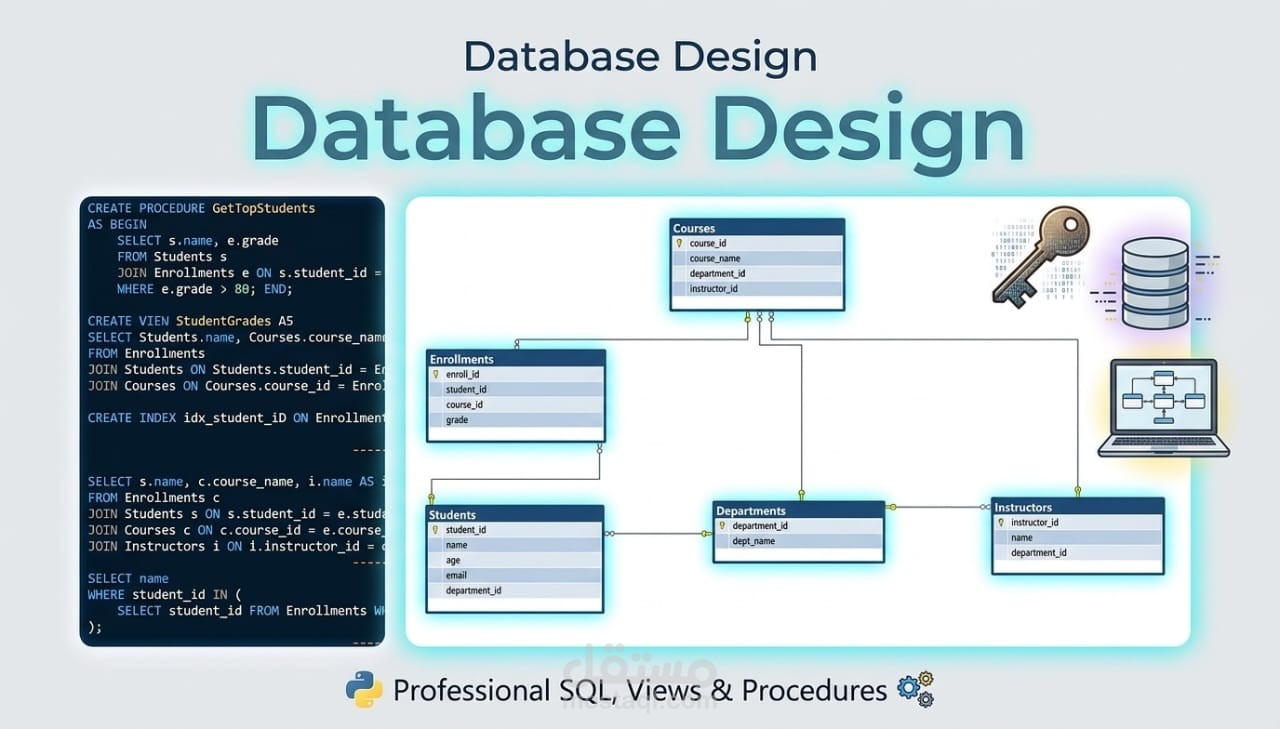 تصميم قاعدة بيانات كاملة + كتابة SQL Queries احترافية