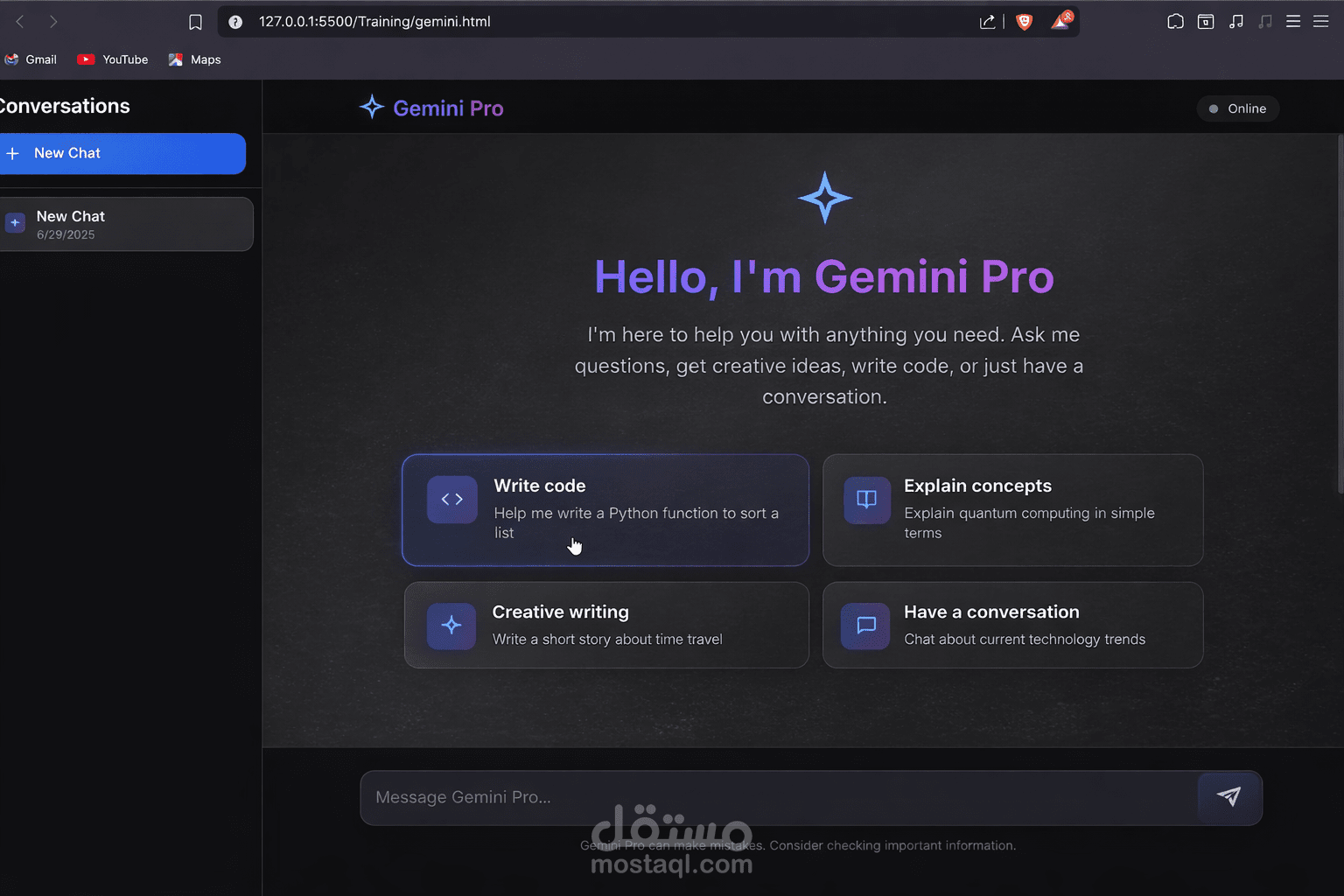 روبوت محادثة ذكي بواجهة عصرية وتجربة استخدام سلسة (Gemini Pro)