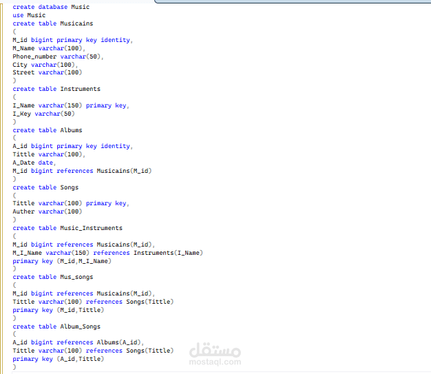 تصميم وبناء قاعدة بيانات متكاملة لإدارة المحتوى الموسيقي والألبومات.