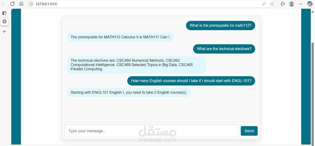 قمت بتطوير Advising Chatbot ذكي لمساعدة الطلاب في الاستفسار عن متطلبات التخرج، المواد الدراسية، المتطلبات السابقة (Prerequisites)، والخطة الأكاديمية بطريقة دقيقة ومنظمة.