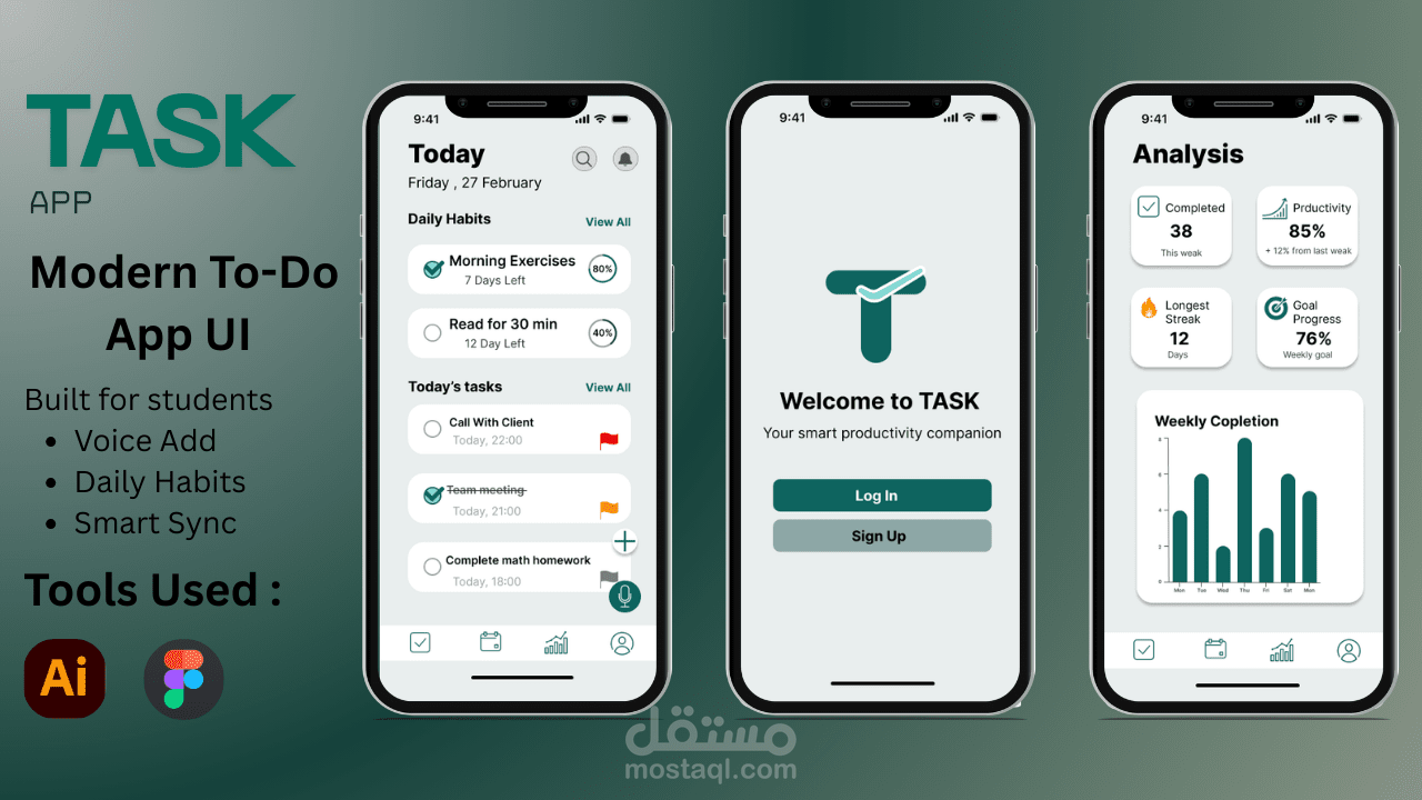 تصميم واجهات تطبيق ادارة المهام TASK بتجربة مستخدم حديثة.