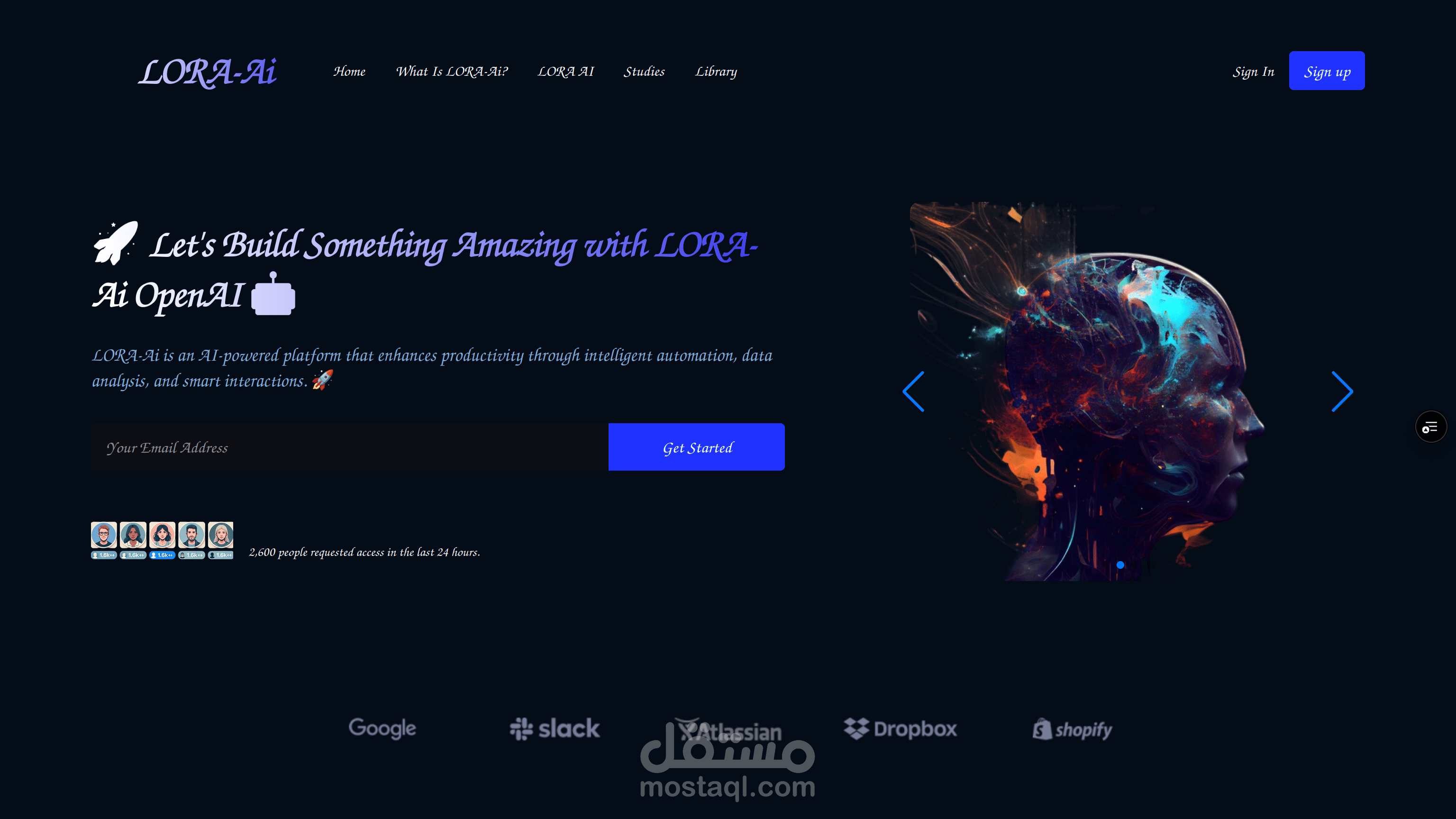 منصة LORA-Ai - واجهة ذكاء اصطناعي مستقبلية (AI Startup Landing Page)