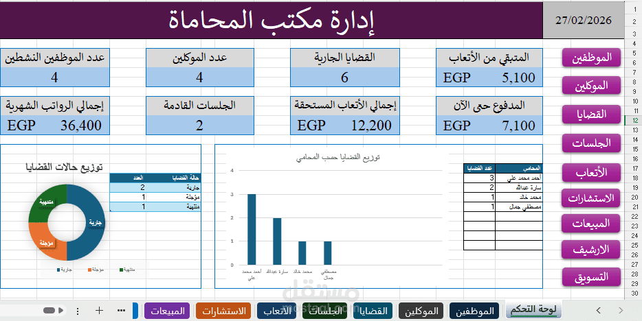 تصميم نظام متكامل لإدارة مكاتب المحاماة باستخدام Excel Dashboard الديناميكي