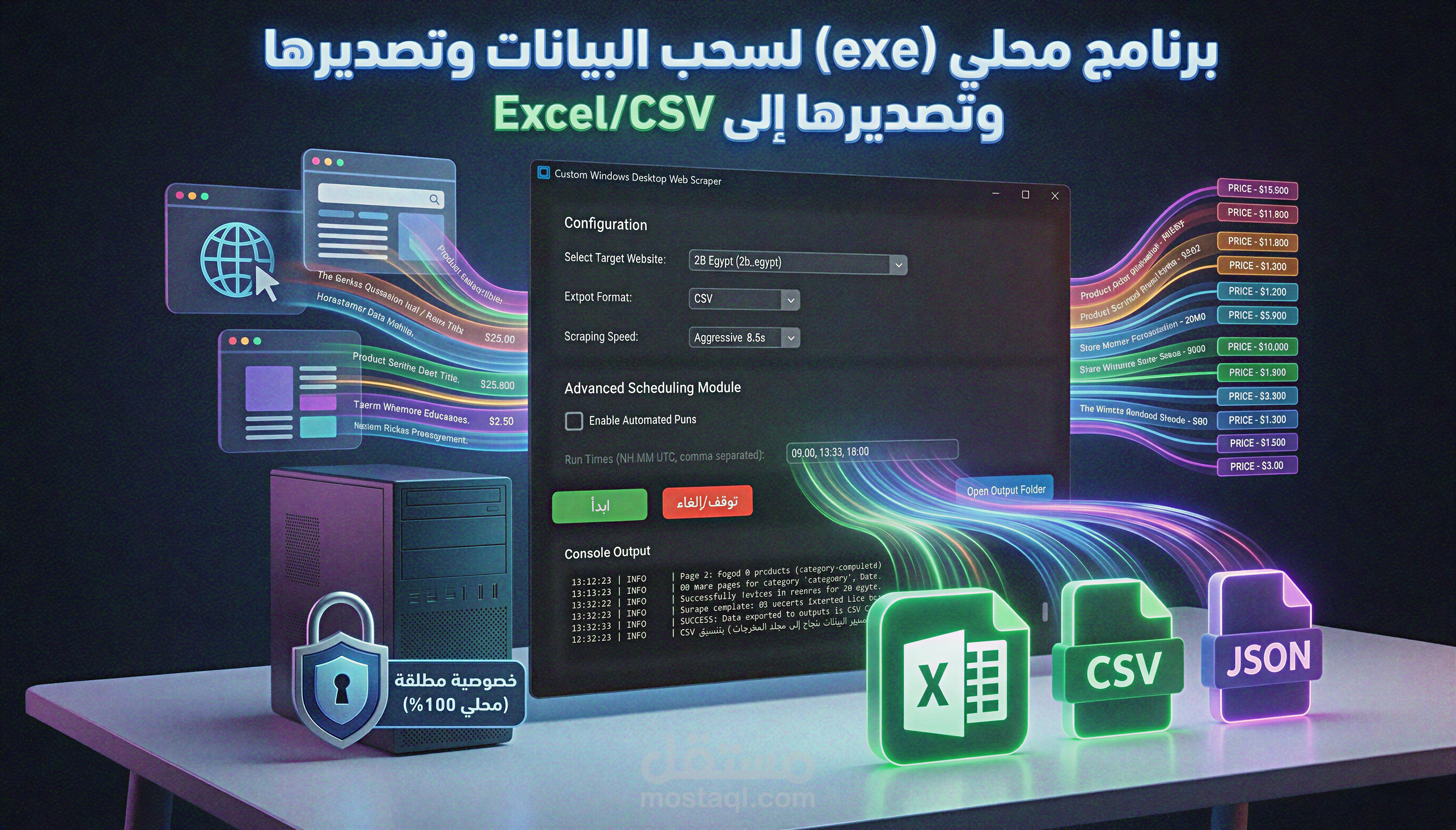 برمجة برنامج سطح مكتب (Desktop App) لأتمتة سحب البيانات (Web Scraping) وتصديرها إلى Excel أو Json أو CSV