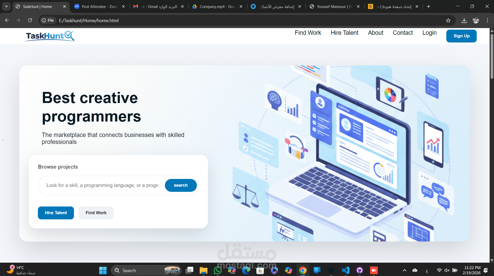 تصميم وتطوير الصفحة الرئيسية لمنصة TaskHunt لربط الشركات بالمستقلين