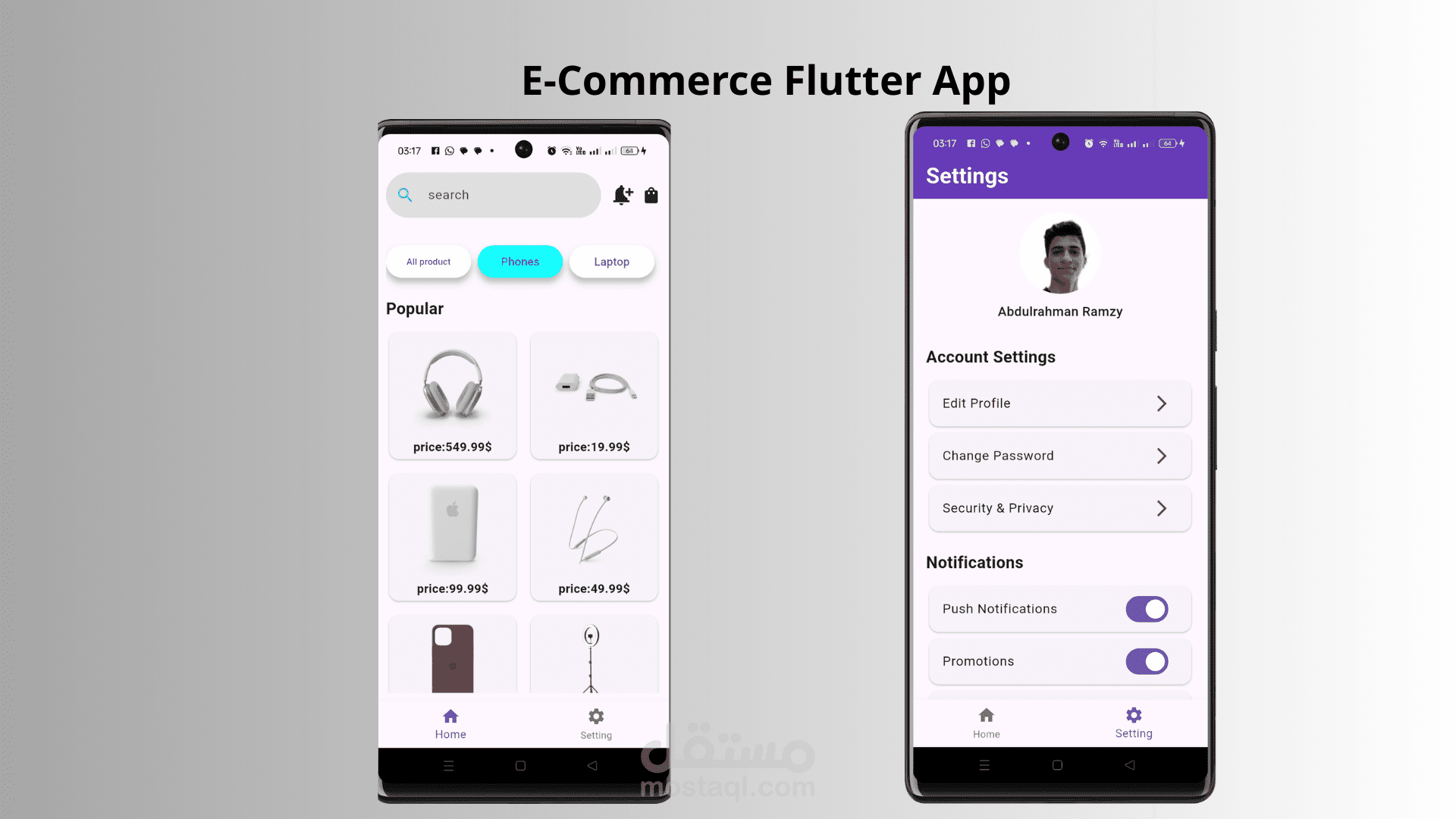 الصفحة الرئيسية لتطبيق متجر إلكتروني باستخدام Flutter وربط API