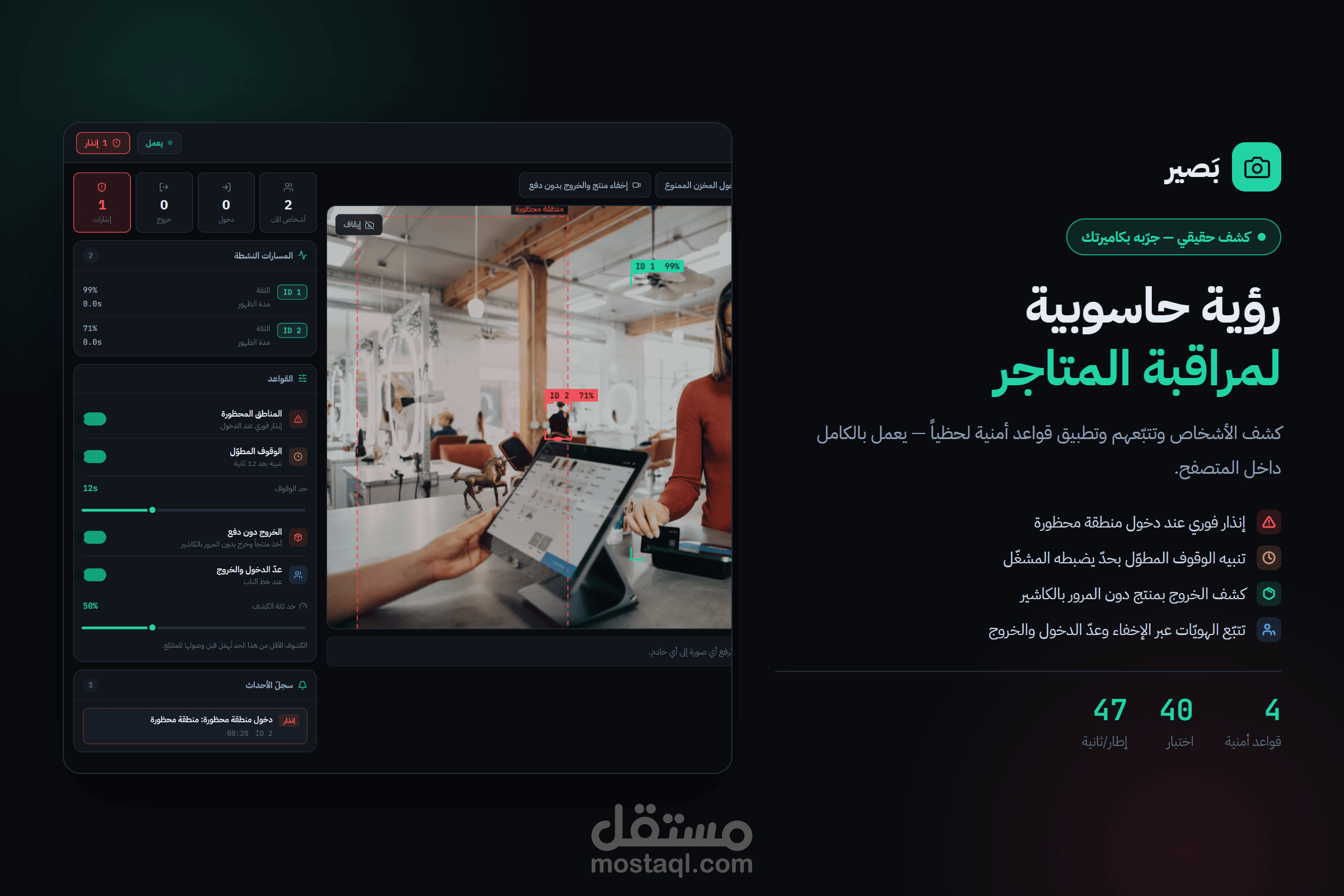 نظام رؤية حاسوبية لمراقبة المتاجر - كشف وتتبّع أشخاص وقواعد إنذار لمنع السرقات