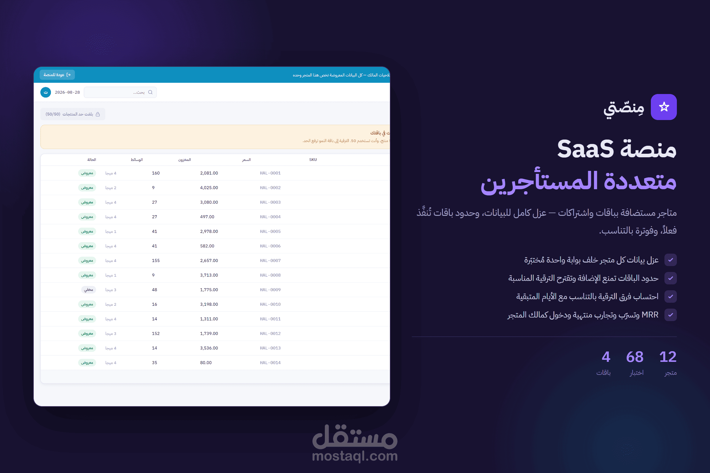 منصة SaaS متعددة المستأجرين - متاجر مستضافة بباقات واشتراكات وفوترة بالتناسب