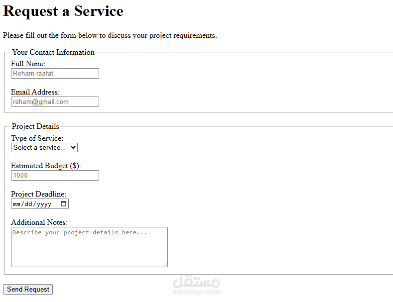 Request a Service form using html only