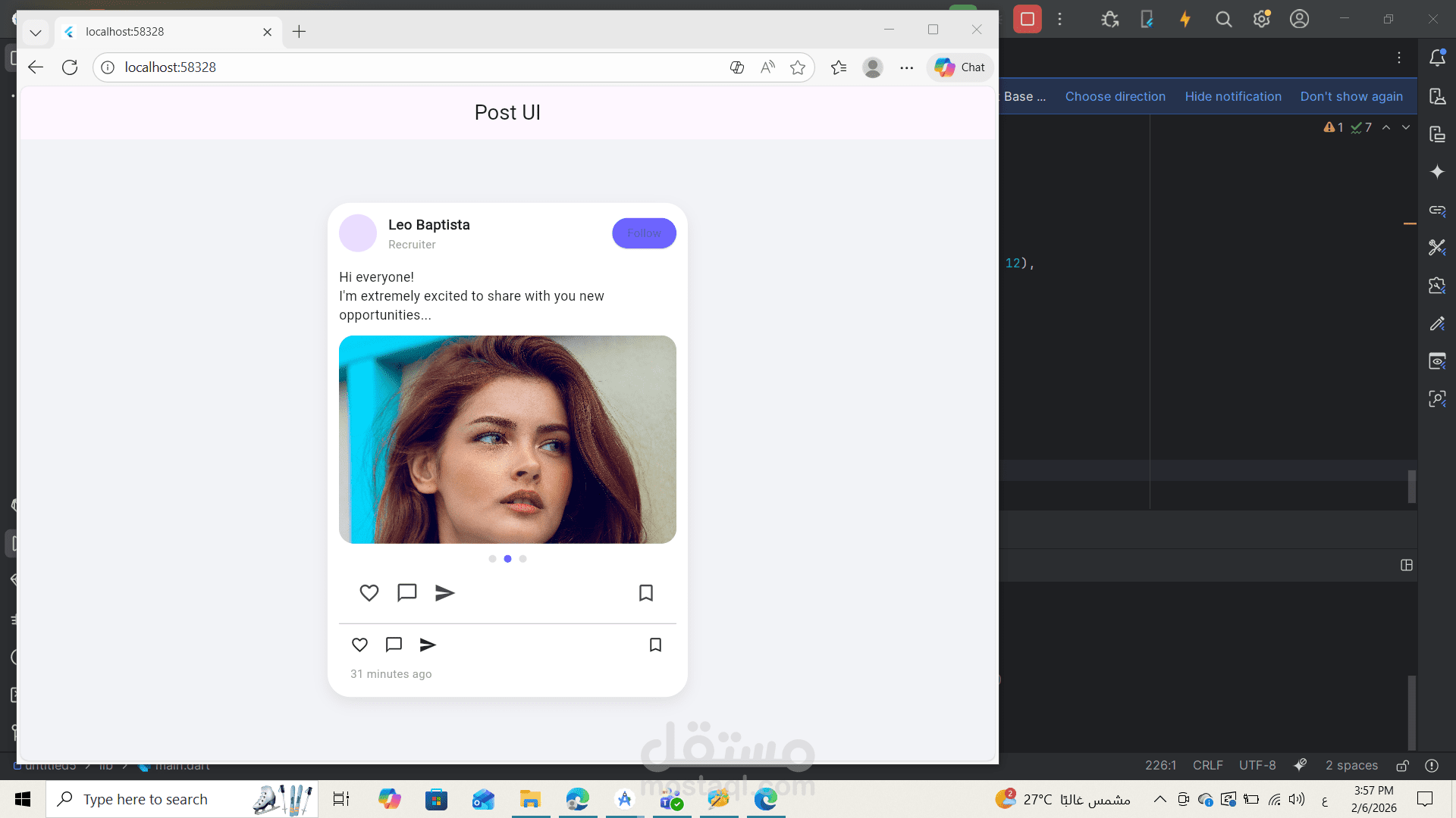 تصميم وتطوير واجهة منشور تفاعلي (Social Media Post UI) باستخدام Flutter باحترافية عالية